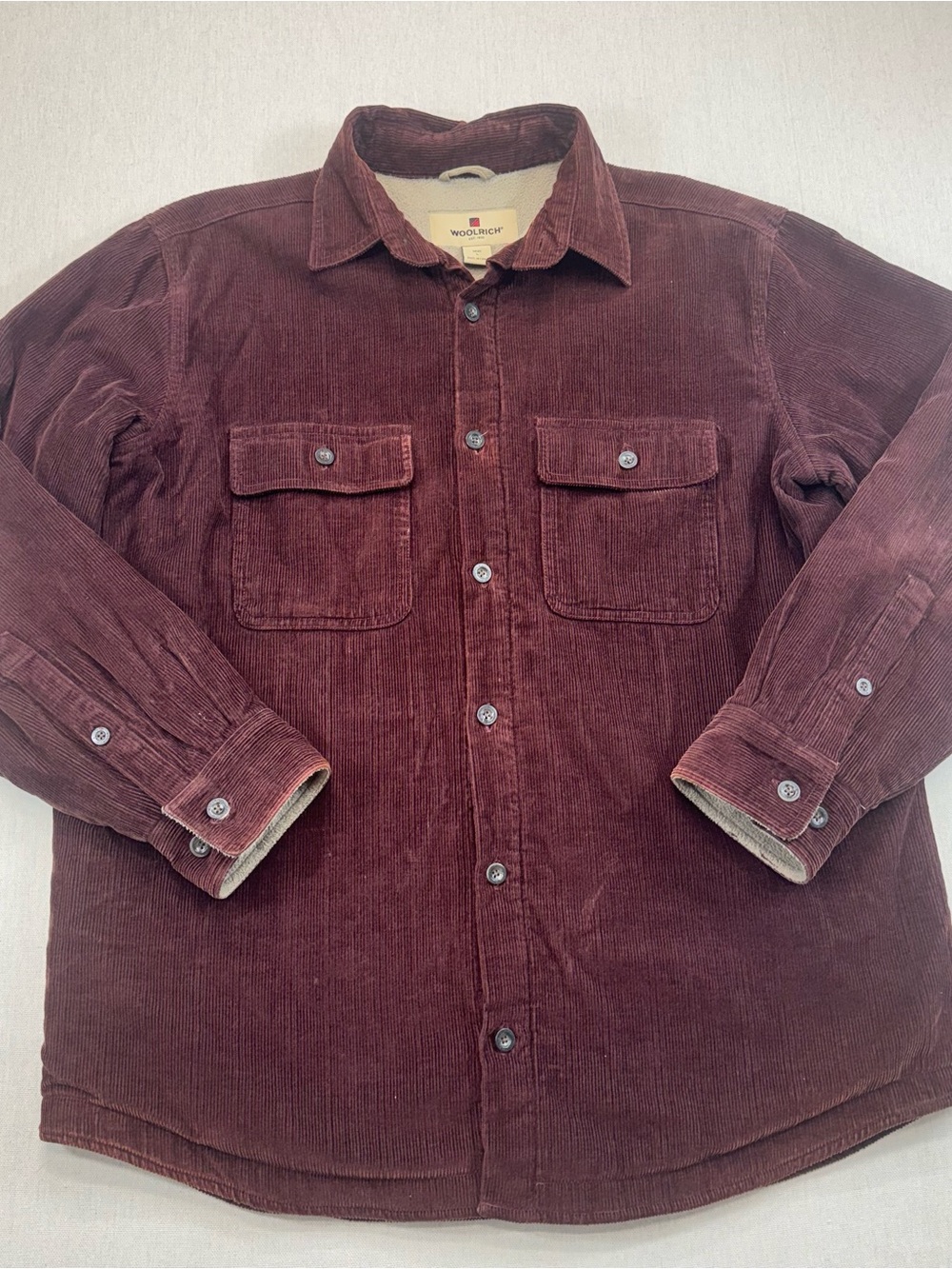 Woolrich Sherpa Lined Corduroy Shirt Jacket Men’s L Burgundy Button Up